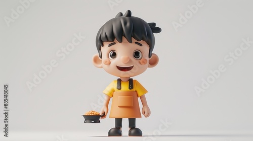 Adorable clay cheerful boy with apron grilling, full body, facing front, very small dot black eyes style, Earth Tones, color 3D clay icon, Blender 3D, isolated white background, kawaii