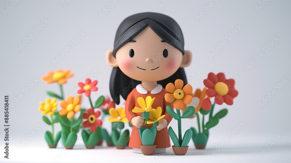 Adorable clay focused woman arranging flowers, full body, facing front, very small dot black eyes style, colorful, color 3D clay icon, Blender 3D, isolated white background, kawaii Adorable clay focused woman arranging flowers, full body, facing front, very small dot black eyes style, colorful, color 3D clay icon, Blender 3D, isolated white background, kawaii