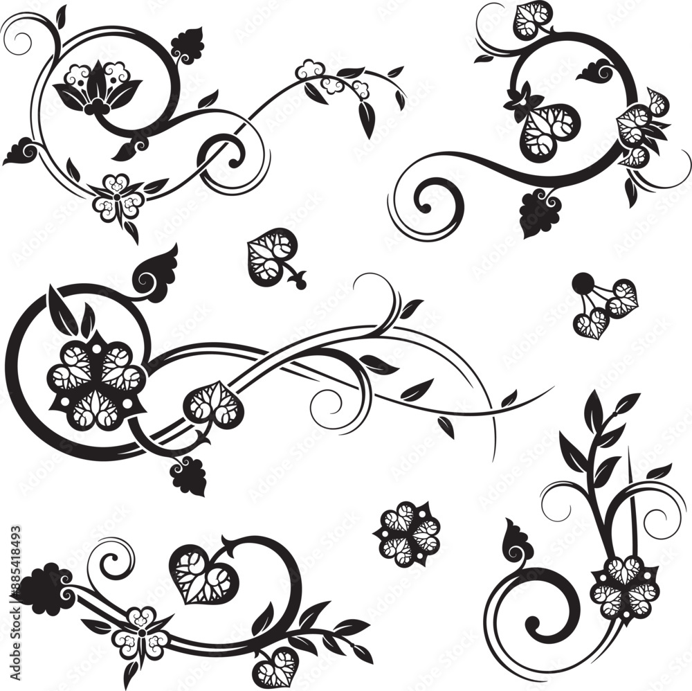 Vector set of traditional Japanese floral ornaments and Oriental decorative designs. Extremely clean vector lines, vinyl and laser ready. Vector set of traditional Japanese floral ornaments and Oriental decorative designs. Extremely clean vector lines, vinyl and laser ready.