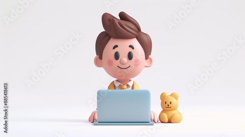 Adorable clay office man typing on laptop, full body, facing front, very small dot black eyes style, Retro Colors, color 3D clay icon, Blender 3D, isolated white background, kawaii