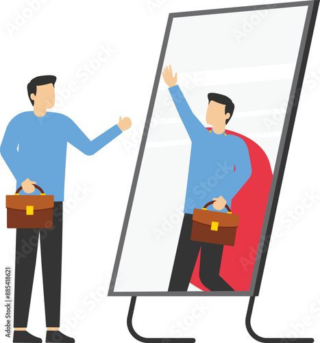 Businessman looking at his strong ideal self superhero reflection mirror. Self confidence, positive attitude to success, determination to achieve goals. Vector illustration.

