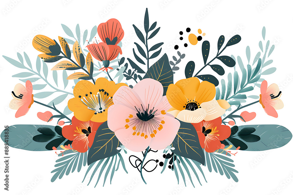Fototapeta premium Beautiful blooming composition with leaves and stem isolated on white. Flowering plants and herbs.