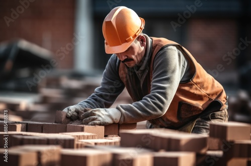 Construction worker building brick wall. Bricklayer laying bricks at construction site. Building and construction concept with copy space.