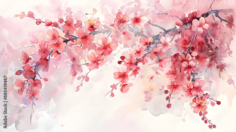 Ethereal Cherry Blossom Cascade in Watercolor Landscape Ethereal Cherry Blossom Cascade in Watercolor Landscape