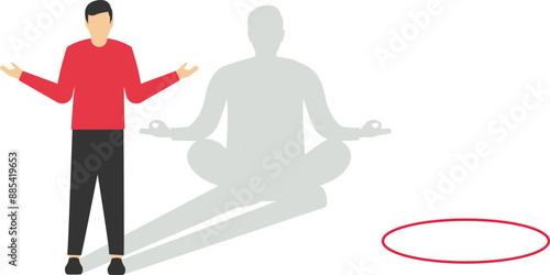 Businessman standing with yoga shadow. To calm down the stressful emotion from hard work in office. Concept of meditation. Flat vector illustration

