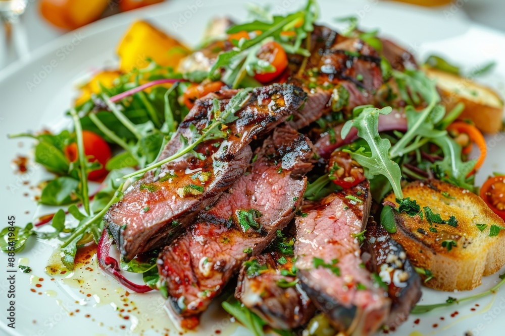 Roast beef salad, sunday roast, tomatoes, greens. Veal meet, vegetables, roasted spicy bone marrow Roast beef salad, sunday roast, tomatoes, greens. Veal meet, vegetables, roasted spicy bone marrow