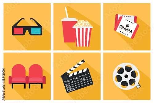 Cinema movie icons set. 3d glasses, popcorn bucket and soda, cinema tickets, chairs, clapper board and film reel. Movie symbols in flat style