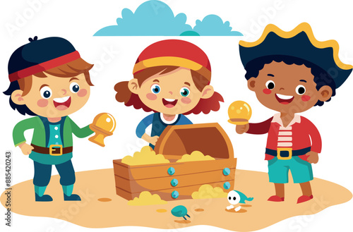 Illustration of happy children dressed as pirates finding a treasure chest on a sandy island. Fun, adventure, and exploration theme for kids.