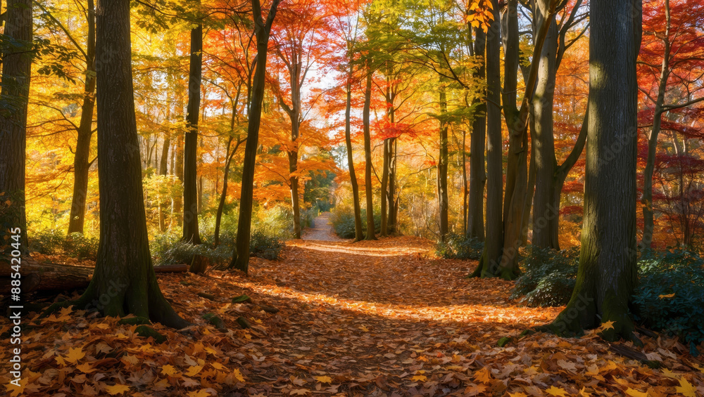 Fototapeta premium Autumn Forest with Fallen Leaves and Sunlight Filtering Through Trees