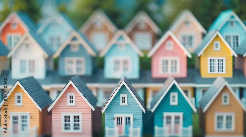 Colorful miniature houses lined up in a row, showcasing diverse architecture and vibrant paint, ideal for real estate and construction themes. Colorful miniature houses lined up in a row, showcasing diverse architecture and vibrant paint, ideal for real estate and construction themes.