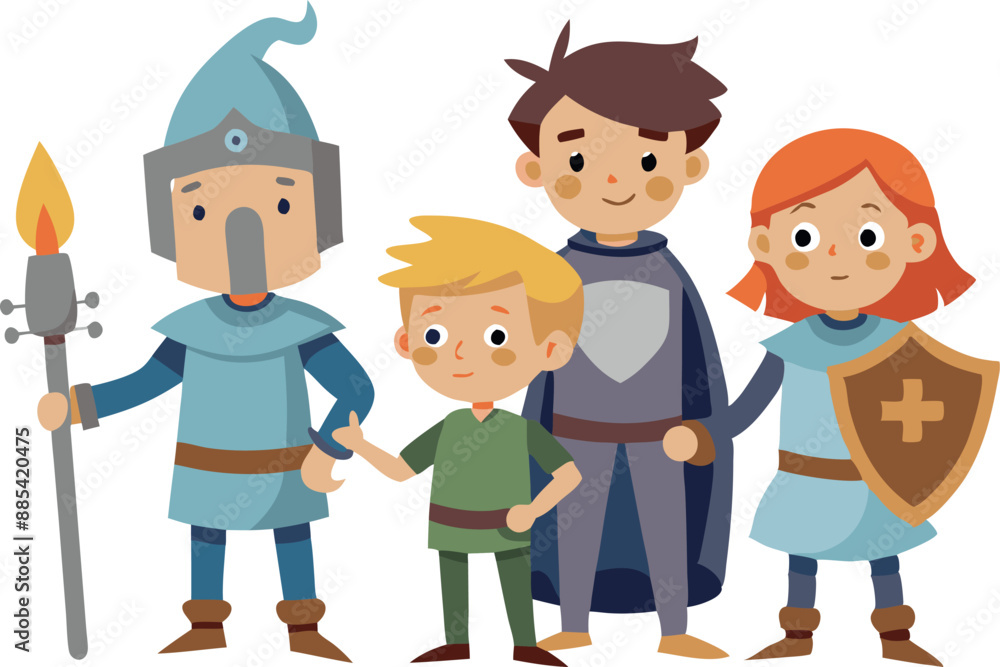 Illustration of a medieval knights family with children, dressed in armor and holding a shield and torch, showing teamwork and bravery. Illustration of a medieval knights family with children, dressed in armor and holding a shield and torch, showing teamwork and bravery.