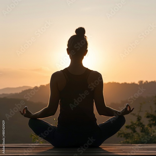 Silhouette of a woman practicing yoga and meditation at sunset with a mountain landscape in the background photo