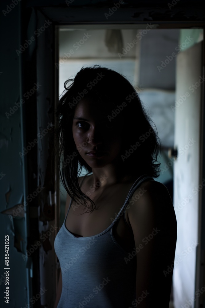 Distressed woman in shadowed doorway Distressed woman in shadowed doorway