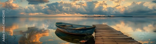 Serene Lakeside Reflections Lone Rowboat Driftwood and Fluffy Clouds at Sunset © krittapol
