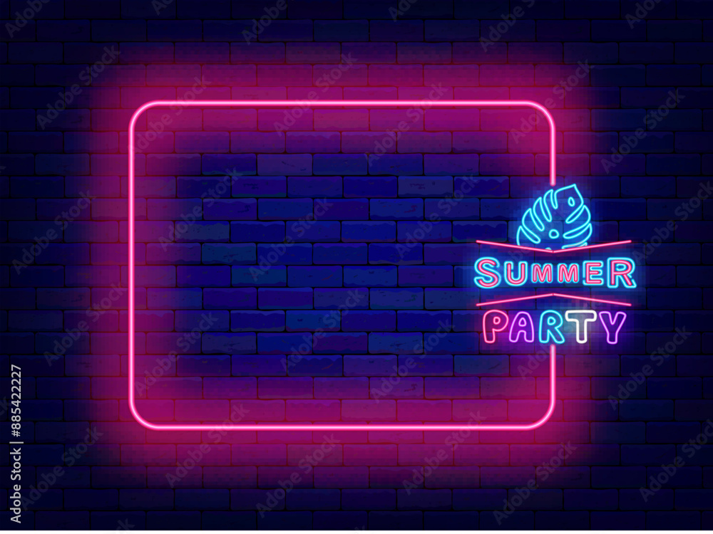 Summer party neon announcement. Tropical event. Exotic monstera leaf. Holiday promotion. Empty pink frame and typography. Event celebration. Copy space. Editable stroke. Vector stock illustration Summer party neon announcement. Tropical event. Exotic monstera leaf. Holiday promotion. Empty pink frame and typography. Event celebration. Copy space. Editable stroke. Vector stock illustration