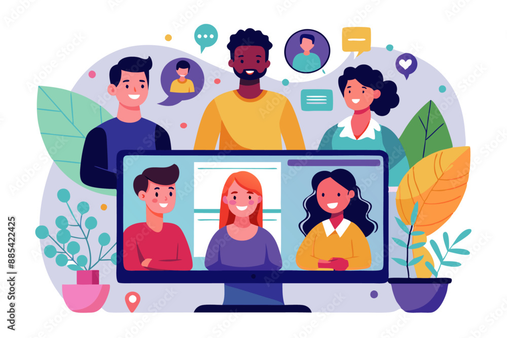 vector illustration of a computer with a group of people doing group call vector illustration of a computer with a group of people doing group call