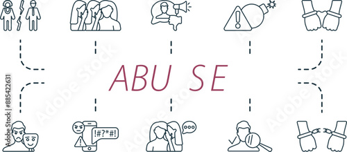 Abuse outline icons set. Creative icons: racist, rumors, discredit, threats, punishing, impersonate, cyber bullying, gossip, identify, liberty.