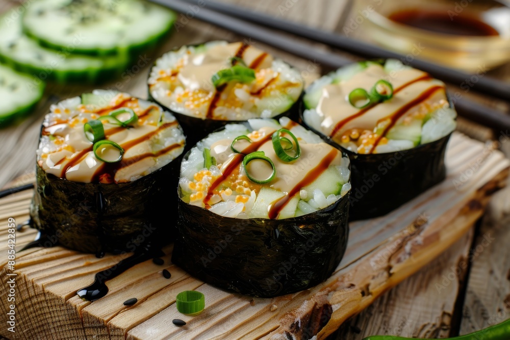 Uramaki sushi set, spicy cheese sauce, brown soy sauce, Japanese food, seafood maki rolls Uramaki sushi set, spicy cheese sauce, brown soy sauce, Japanese food, seafood maki rolls