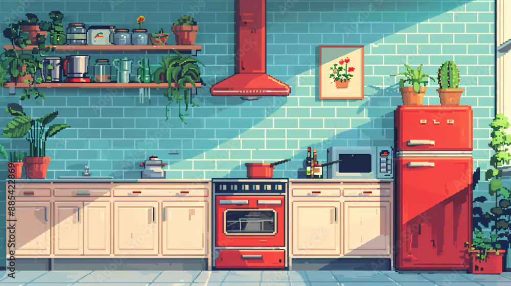 8-bit illustration of a cozy kitchen with wooden furniture and a ...