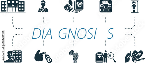 Diagnosis icons set. Creative icons: hospital, doctor, blood pressure, body weight, height, eye exam, blood sugar, bone density and more