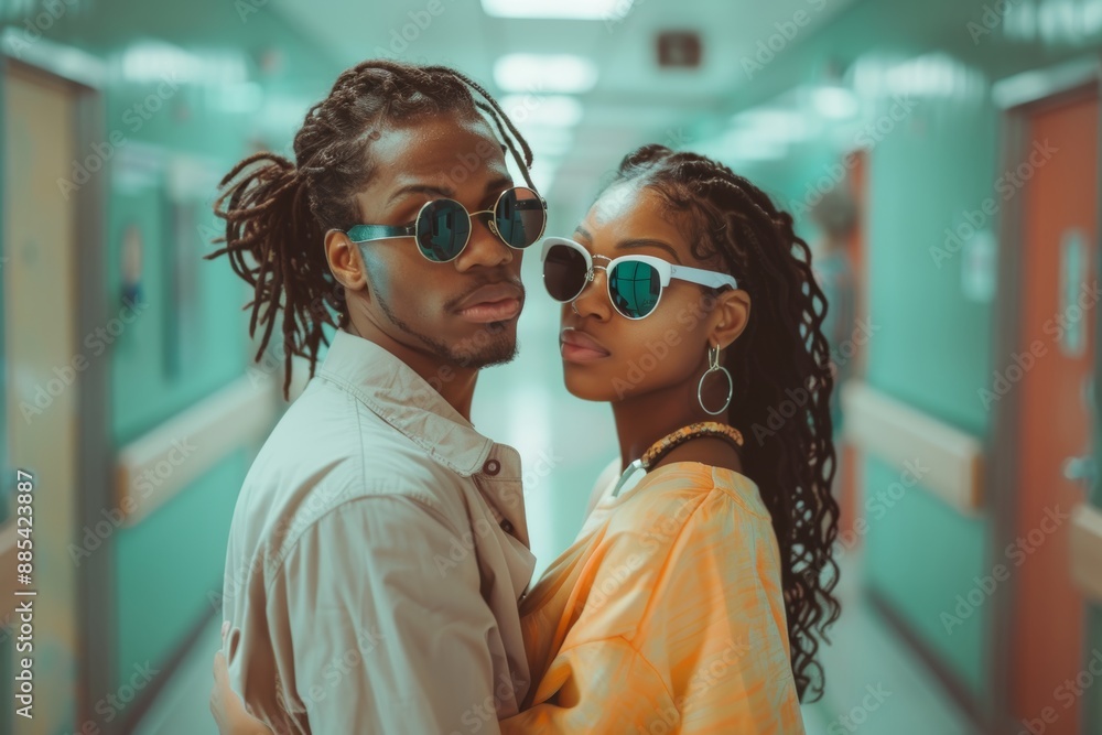 Portrait of a content multicultural couple in their 20s wearing a trendy sunglasses over busy hospital hallway background Portrait of a content multicultural couple in their 20s wearing a trendy sunglasses over busy hospital hallway background