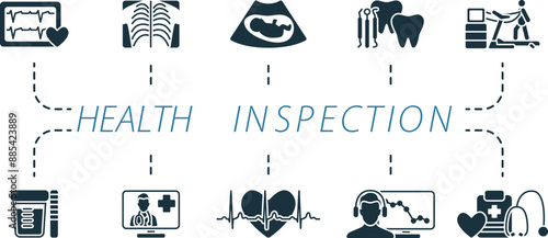 Health inspection set. Creative icons: electrocardiogram, x-ray, ultrasound, dental, stress test, urine examination, online check and more