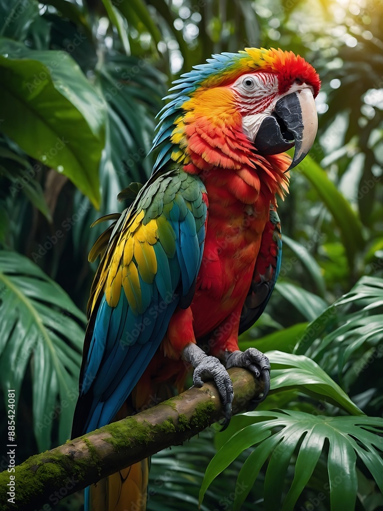 Perched in the lush jungle, a majestic macaw stands out against the backdrop of vibrant leaves Perched in the lush jungle, a majestic macaw stands out against the backdrop of vibrant leaves