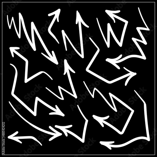 Set of hand drawn arrows on a black background. Vector illustration.