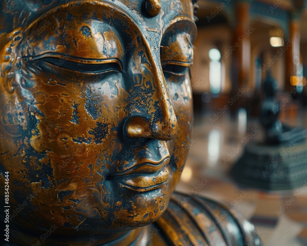 Obraz premium Serene Golden Buddha Statue in Temple - Hyper-realistic 8K Resolution Photo with Intricate Carvings and Peaceful Expression