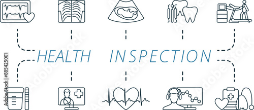 Health inspection outline icons set. Creative icons: electrocardiogram, x-ray, ultrasound, dental, stress test and more