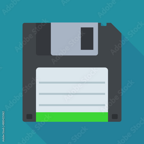 Black 3"5 floppy disk with a blank label on a blue background with long shadow in a flat design style