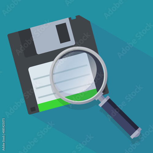 Black 3"5 floppy disk under a magnifying glass (flat design)