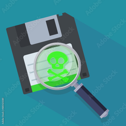 Black 3"5 floppy disk contaminated under magnifying glass (flat design)
