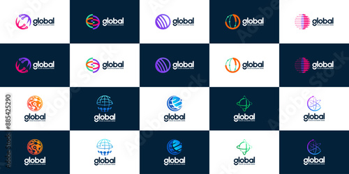 global tech logo collection, modern innovation, science, logo design illustration.