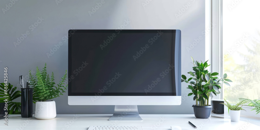 Fototapeta premium Modern Minimalist Workspace with Computer Monitor and Office Supplies for Productivity