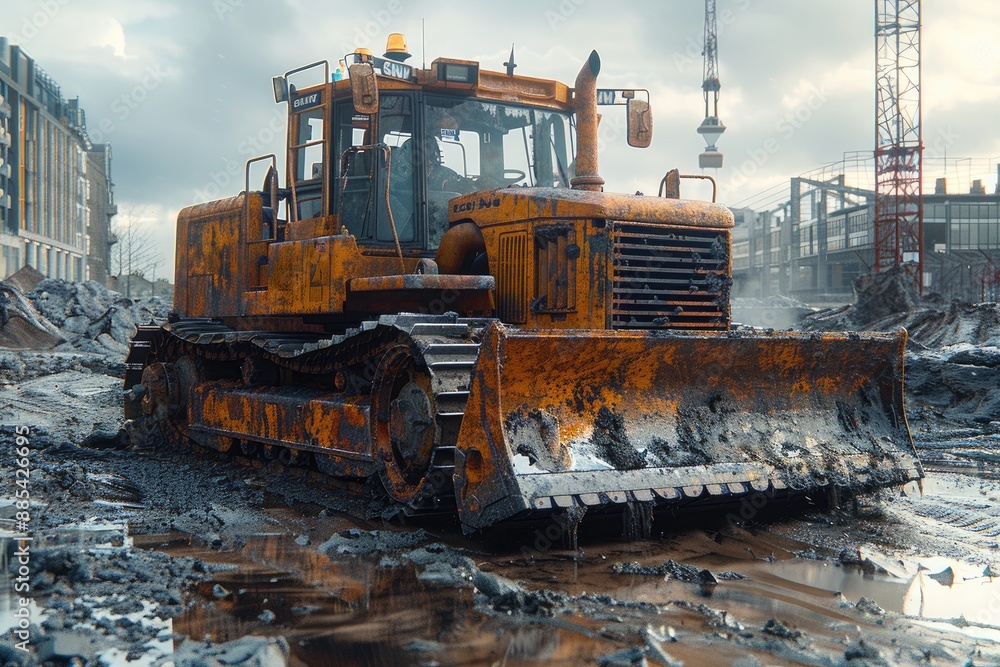 Bulldozer moving earth at a large construction project with workers guiding Bulldozer moving earth at a large construction project with workers guiding