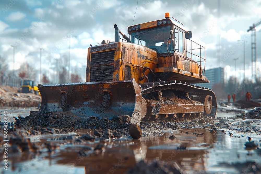 Bulldozer moving earth at a large construction project with workers guiding Bulldozer moving earth at a large construction project with workers guiding