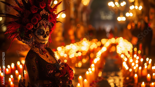 catrina lady with sugar skull face painting, day of the dead with candles