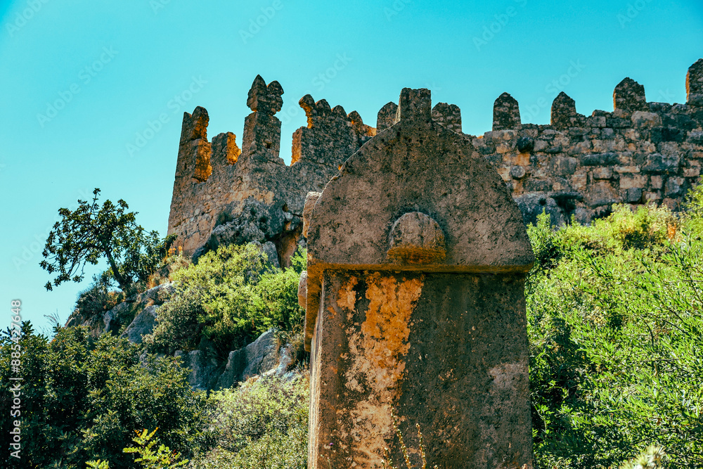 Fototapeta premium lycian stone tombs, tlos ancient town in kas antalya , turkey, sarcophagus-shaped tomb, only known from Lycia