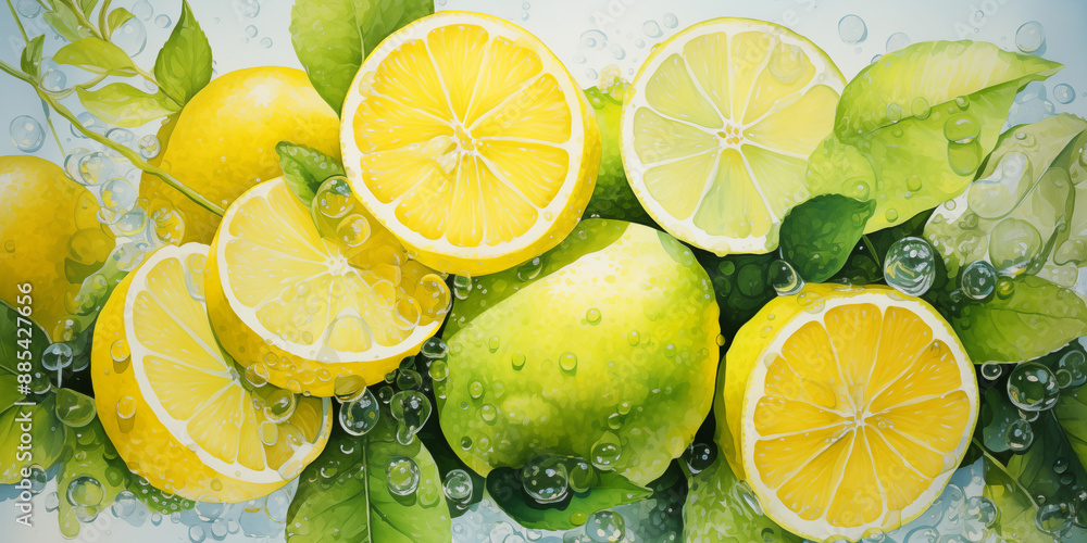 Lemons and limes with green leaves. Illustration of Fruits, summer citrus fruits banner panorama wallpaper. Top view of many fresh lemons. Lemons and limes with green leaves. Illustration of Fruits, summer citrus fruits banner panorama wallpaper. Top view of many fresh lemons.