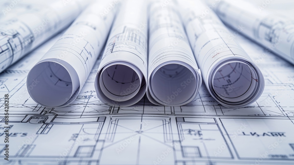 A macro shot of architectural blueprints rolled up and arranged in a flat lay AI generated illustration A macro shot of architectural blueprints rolled up and arranged in a flat lay AI generated illustration