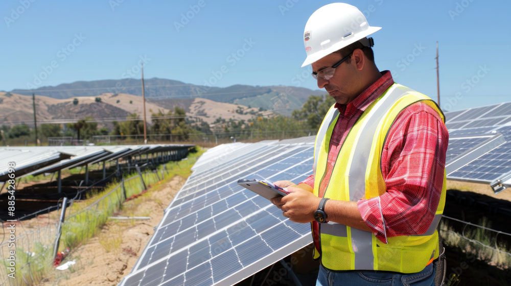 Experienced Engineer Conducting Inspection of Solar Panel Installation for Efficiency and Performance Optimization Experienced Engineer Conducting Inspection of Solar Panel Installation for Efficiency and Performance Optimization
