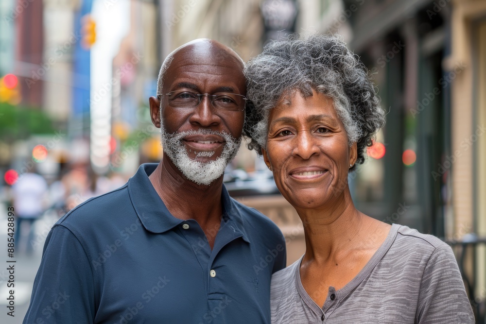 Portrait of a content mixed race couple in their 60s donning a classy polo shirt over bustling city street background Portrait of a content mixed race couple in their 60s donning a classy polo shirt over bustling city street background