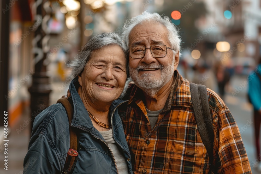 Portrait of a glad latino couple in their 80s wearing a comfy flannel shirt in front of bustling city street background Portrait of a glad latino couple in their 80s wearing a comfy flannel shirt in front of bustling city street background