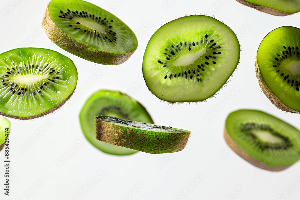 Fototapeta premium fette di kiwi che fluttuano su sfondo neutro