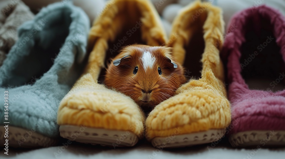 A mini guinea pig lounging inside a macro scenery of cozy slippers AI generated illustration A mini guinea pig lounging inside a macro scenery of cozy slippers AI generated illustration
