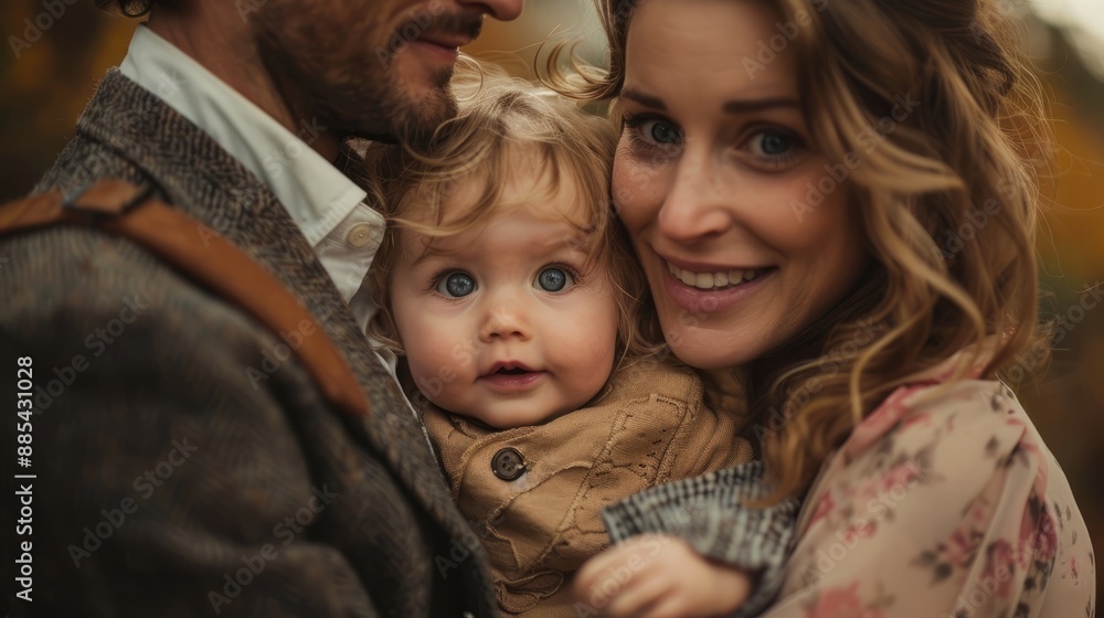 Happy family portrait with parents and baby, capturing warm moments and smiles in a close embrace outdoors. Happy family portrait with parents and baby, capturing warm moments and smiles in a close embrace outdoors.