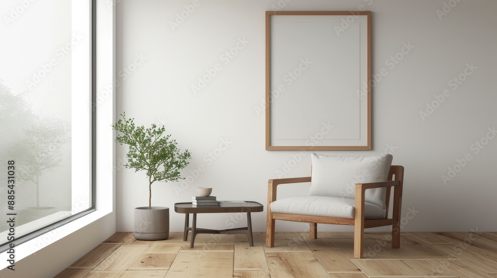 Fototapeta premium A minimalistic movie poster captured within a wooden frame in a stark modern room AI generated illustration
