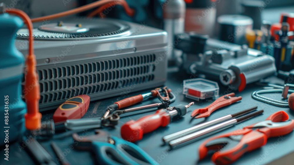 Naklejka premium Professional Air Conditioner Repair Tools Arranged Neatly on Workbench in Workshop
