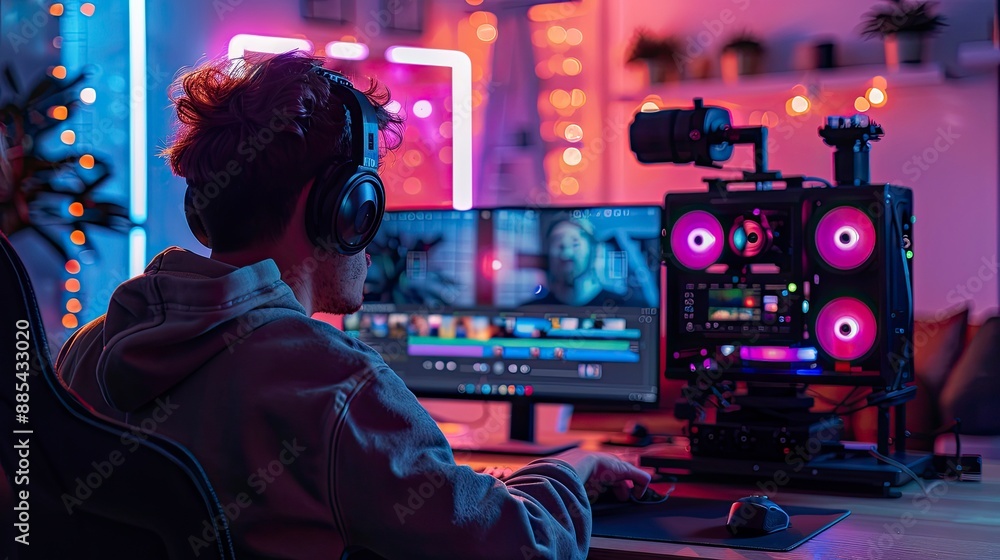 A content creator filming a tutorial video, with professional lighting, a high-quality camera, and a well-organized workspace. A content creator filming a tutorial video, with professional lighting, a high-quality camera, and a well-organized workspace.